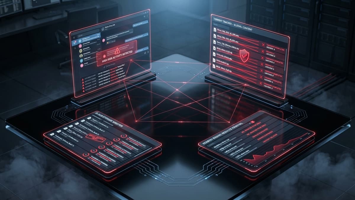 Multi-platform piracy monitoring dashboard tracking DMCA takedowns across Telegram, torrent sites, file hosts, and search engines simultaneously