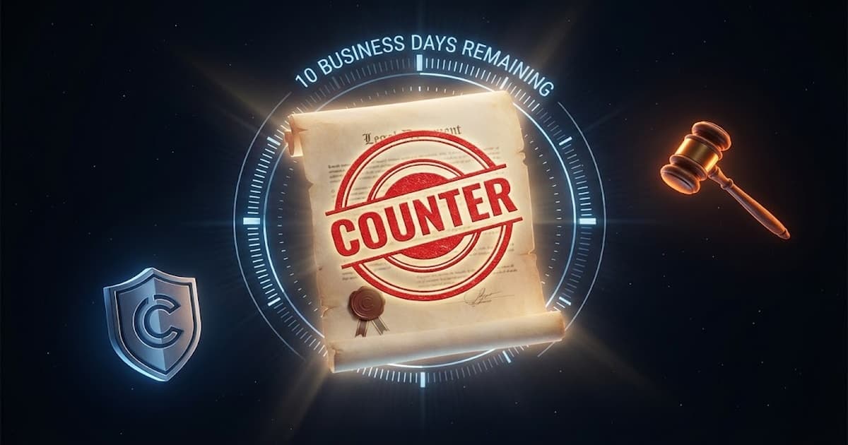 DMCA counter-notice guide — legal document with counter stamp showing the 10-14 business day timeline and copyright holder response options