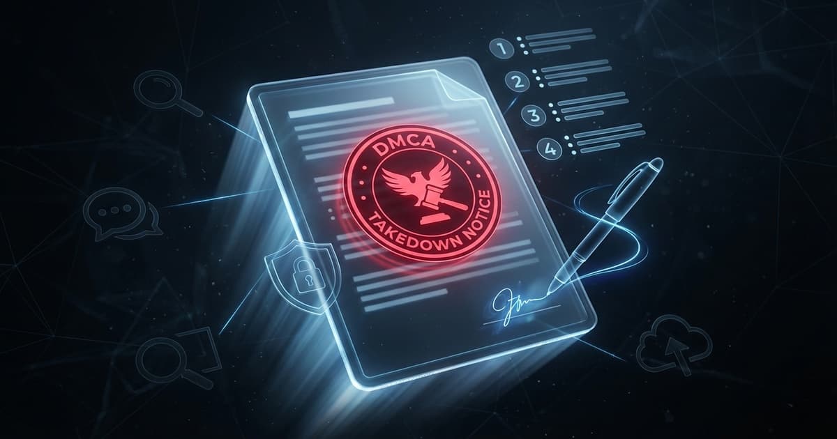 Step-by-step guide to filing a DMCA takedown notice — legal document with copyright protection symbols showing the formal DMCA process for content creators