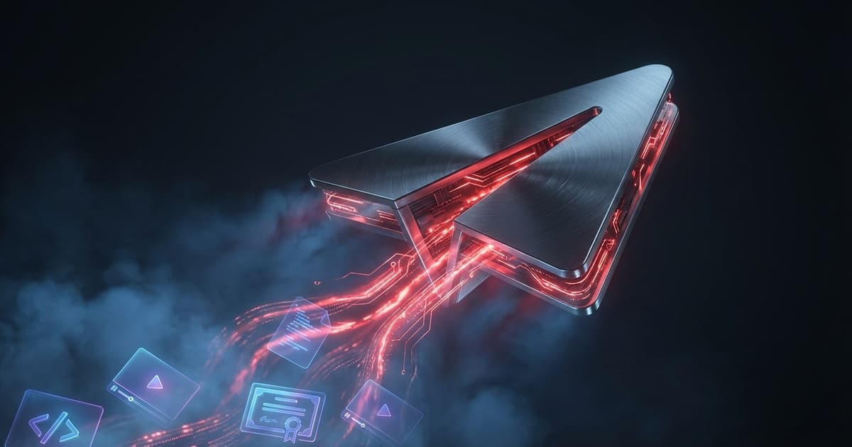 Telegram piracy explained — dark Telegram paper plane icon with crimson piracy data streams showing how course content is distributed on the platform